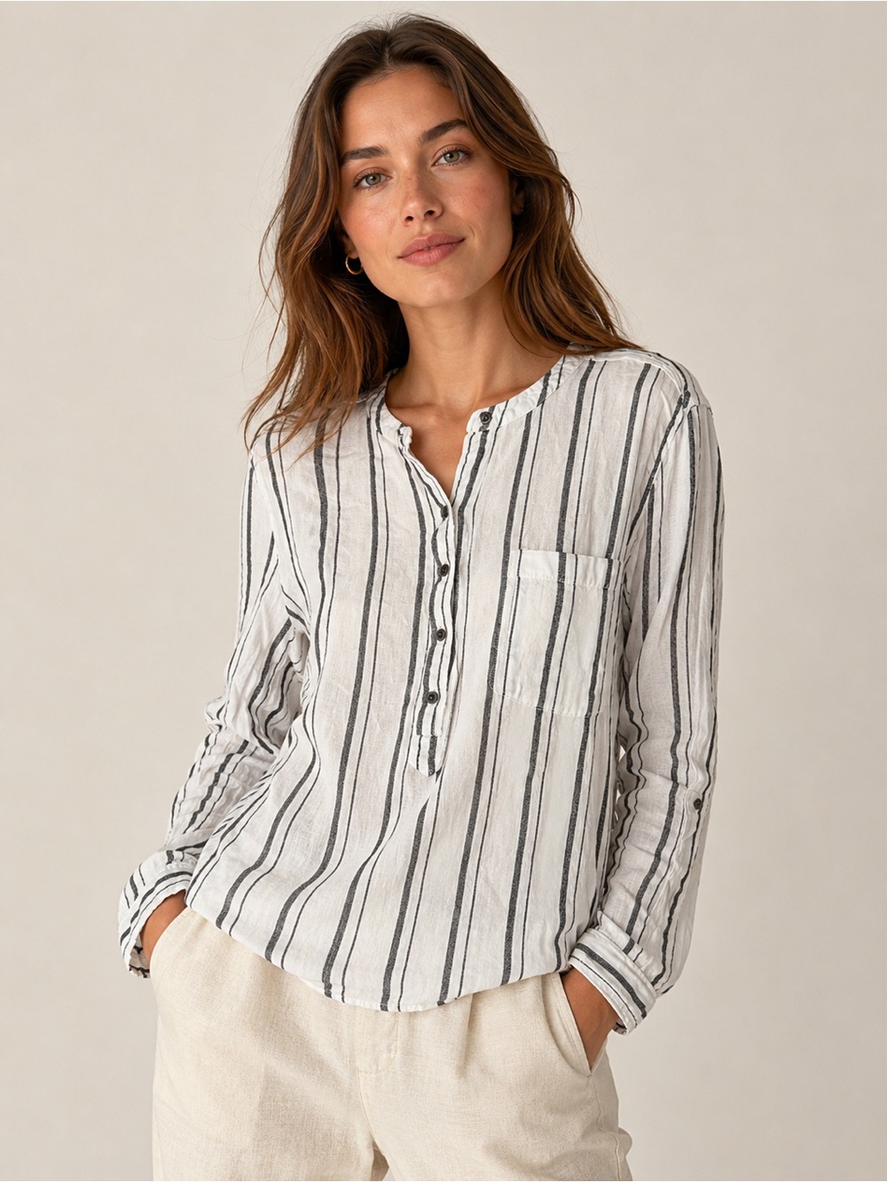 Lucky Brand White and Black Stripe Long Sleeve Blouse Women's Size Large